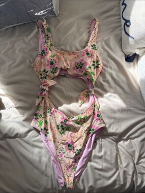 aerie Pink Floral Print One-Piece Swimsuit with Green Accents